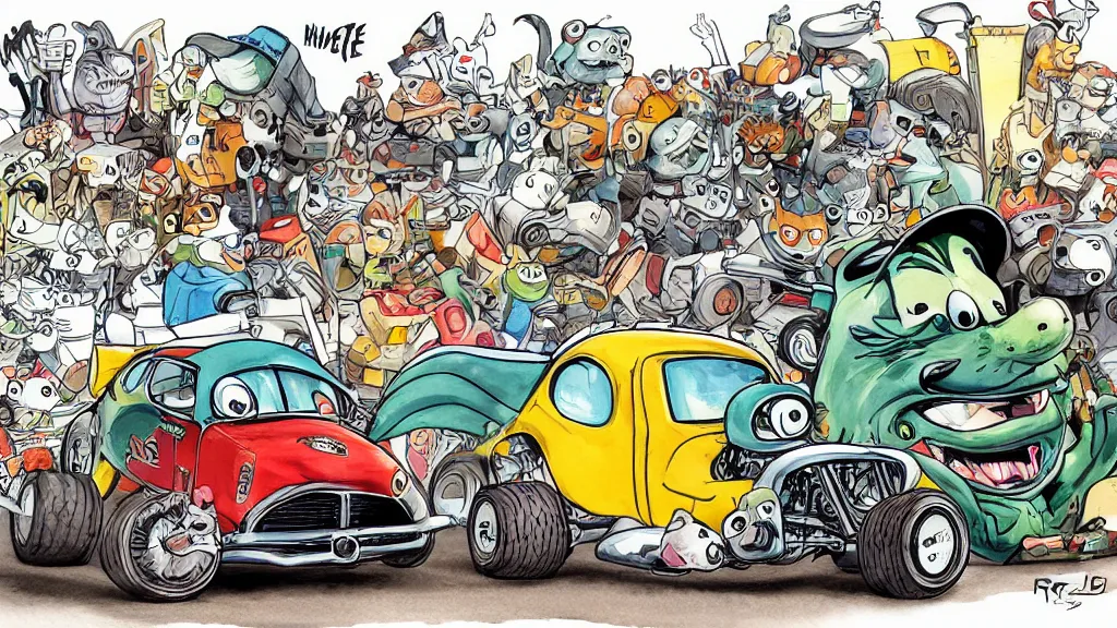 Prompt: cute and funny, racoon riding in a tiny hot rod coupe with oversized engine, ratfink style by ed roth, centered award winning watercolor pen illustration, by chihiro iwasaki and james nyika, edited by range murata