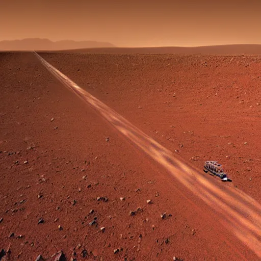 Image similar to train on wheels crosses the desert on mars, landscape, cyberpunk