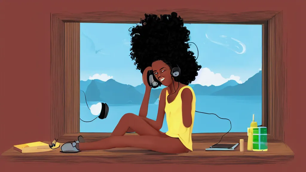 Image similar to black girl, curly hair, with headphones, studying in bedroom, window with rio de janeiro view, lo-fi illustration style, digital art, alive colors