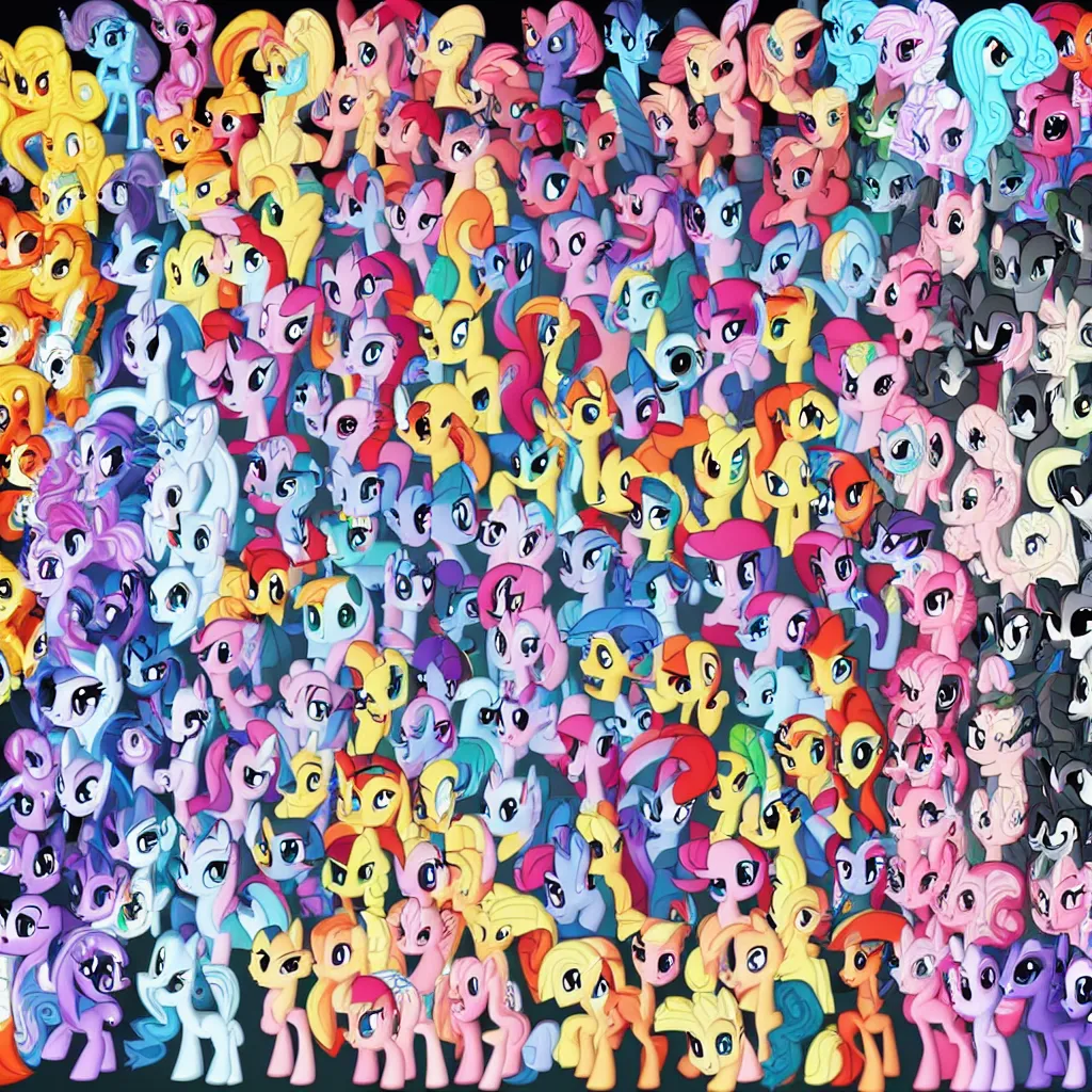 Image similar to Official group photo of all character from My Little Pony, digital art, detailed, colorful, anime style