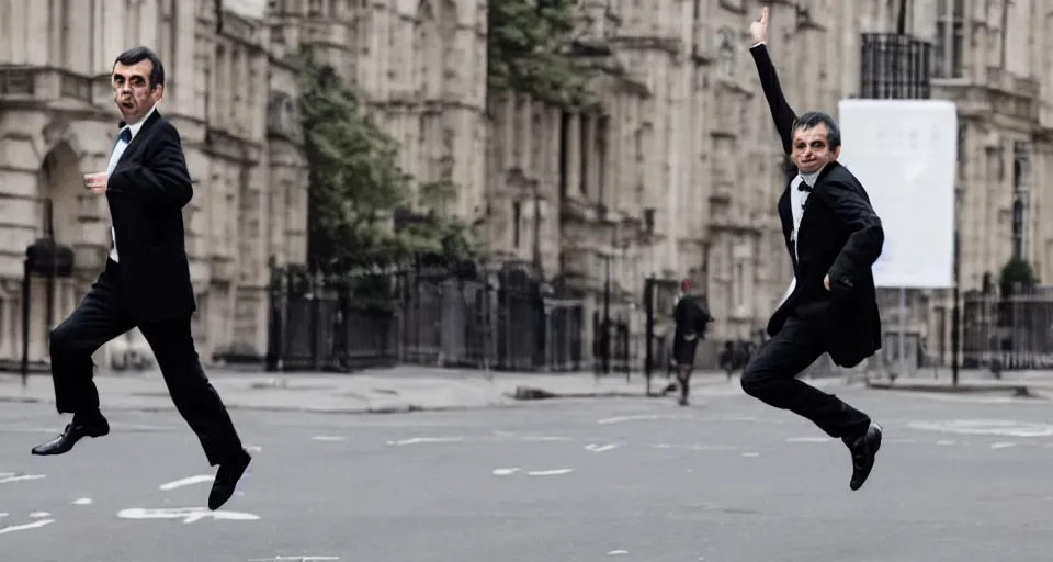 Image similar to mr bean as james bond running down the street in london, 4 0 mm f / 2. 8, cinematic, cool, anamorphic, dramatic