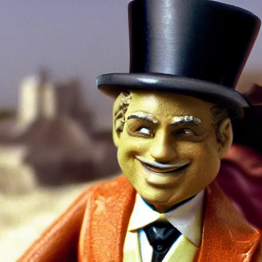 Prompt: the godfather wears a top hat and smiles and smokes a cigar. 5 0 mm, cinematic, technicolor extremely detailed face. sea and beach and a sandcastle in the background.