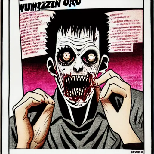 Image similar to glossy old advertising poster of a man turning into a zombie, busy street corner, horror, drawn comic by junji ito, pastels, gradient,