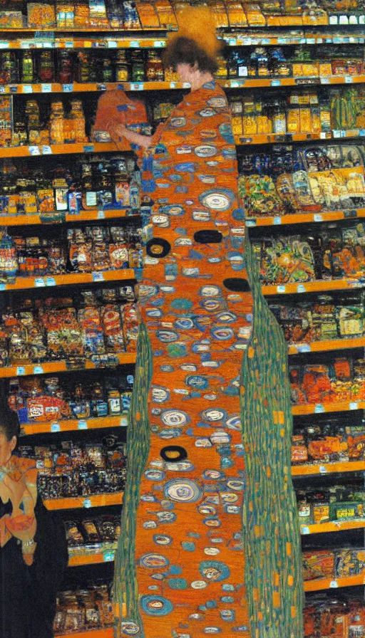 Image similar to bored employee in a supermarket by gustav klimt