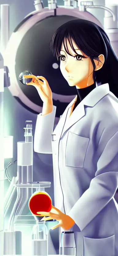 Prompt: an anime art of a female scientist in a laboratory holding a black hole, concept art, stylised, elegant, illustration, oc commission, high detailed