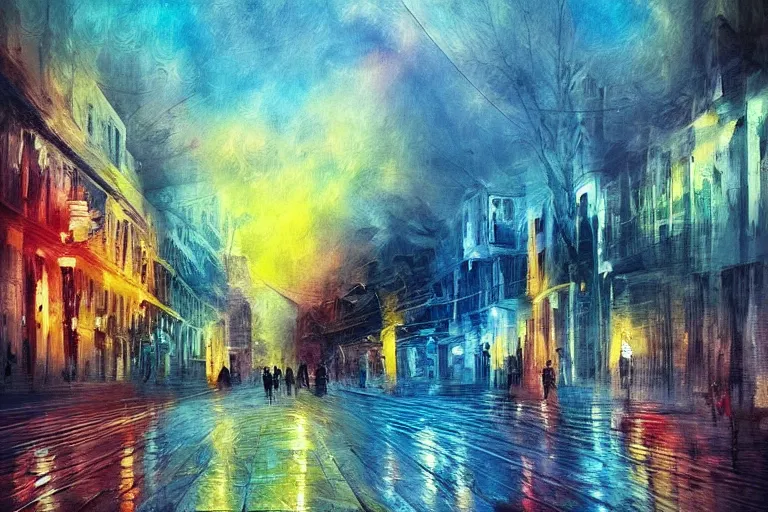 Image similar to amazing landscape painting with moody zealots, crying in the street and unusual colors, random-artist-blend