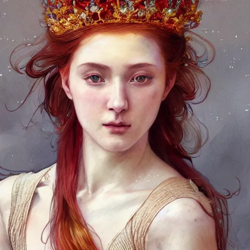 Image similar to beautiful watercolor painting of a young red hair woman wearing a crown of long golden fish, intricate, elegant, highly detailed, digital painting, artstation, concept art, smooth, sharp focus, art by krenz cushart and artem demura and alphonse mucha, dynamic lighting, ultrarealistic, cinematic, octane render, 8 k