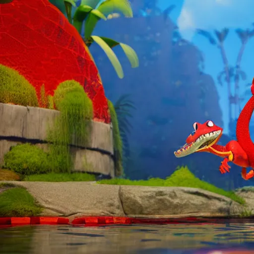 Image similar to 3 d render, anthropomorphic alligator, red scales on his back, male, waring swim shorts, in the style of zootopia, hd, 4 k, high definition background