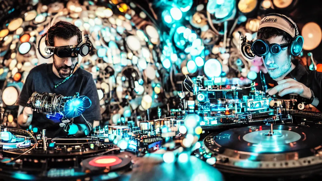 Prompt: a person wearing goggles and visor and headphones using a steampunk record player contraption, wires and tubes, turntablism dj scratching, intricate planetary gears, cinematic, imax, sharp focus, leds, bokeh, iridescent, black light, fog machine, hazy, lasers