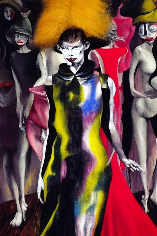 Prompt: crazy fashion catwalk, one model, crazy clothes, hauntingly surreal, highly detailed painting by francis bacon, edward hopper, adrian ghenie, gerhard richter, and james jean soft light 4 k,