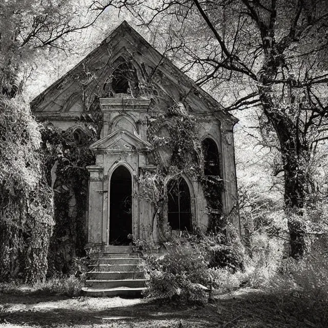 Prompt: infrared photograph of an abandoned church with overgrown vegetation, exterior, vintage photograph