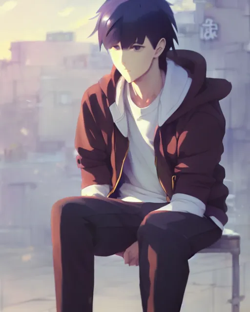 Image similar to handsome masculine man wearing fashionable street attire, sitting down with an intimidating appearance, octane render, unreal engine 5, trending on pixiv fanbox, by greg rutkowski makoto shinkai takashi takeuchi studio ghibli, akihiko yoshida