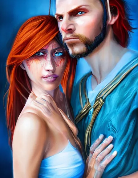 Prompt: couple in love. fully clothed armed female pirate captain, rachel wall, with a male pirate partner, sun, summer, blue eyes, beauty, wisdom, love, strength, knowledge, smart, portrait, symmetrical, highly detailed, digital painting, artstation, smooth, sharp focus, illustration, strength, latino art. 8 k