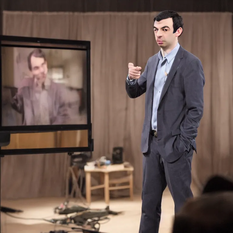 Image similar to focused dslr photograph of nathan fielder from nathan for you on comedy central controlling a puppet version of himself filmed by a tv crew on a stage, high detail!!! 8 k photorealism sharp focus volumetric lighting, coherent!!! art directed, rule of thirds, face