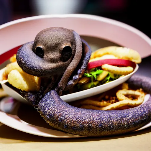 Image similar to octopus made of steel eating fastfood, 5 5 mm