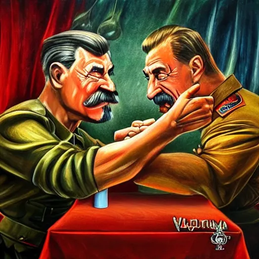 Prompt: picture of ( ( arm wrestling between putin and stalin ) ) in apocalyptic russia, hyperrealistic, digital concept art, sharp focus, 3 5 mm film, caricature illustration, art by magic realism, art by josephine wall, art by huang guangjian, art by viktoria gavrilenko, art by amanda sage, trending on artstation