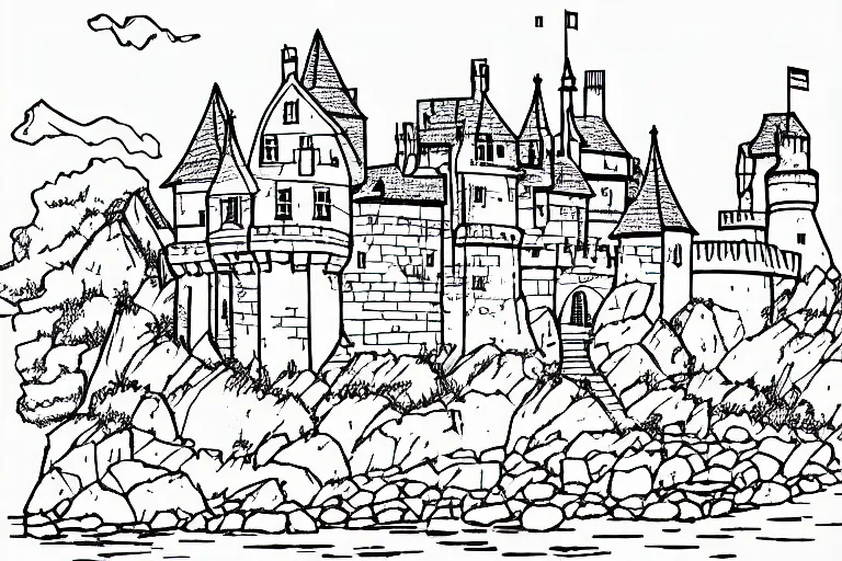 Image similar to an old castle on a seaside cliff coloring book, line art, simple, low detail