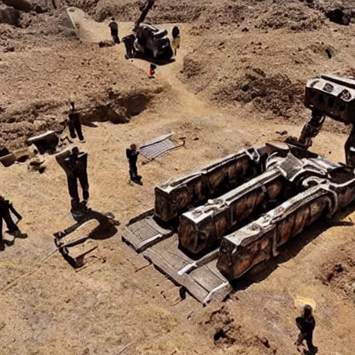 Prompt: giant rusty robots found in a sumerian civilization excavation, archeology, mud and dirt