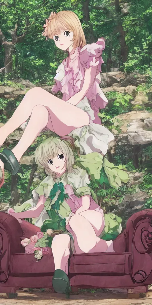 Image similar to a queen of love sitting of a sofa in a forest, drawn by CloverWorks,