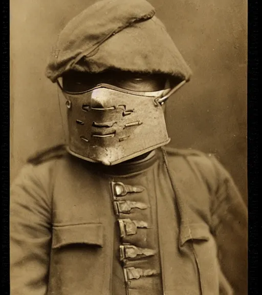 Prompt: person wearing leather mask, ww1 photo, grainy, high detail, high resolution, tehnicolor