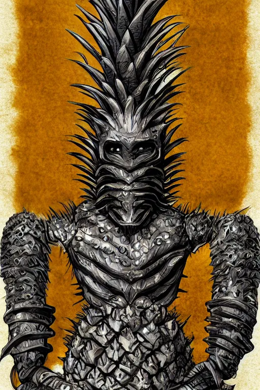 Image similar to screaming pineapple humanoid figure monster wearing themed armour, symmetrical, highly detailed, digital art, sharp focus, trending on art station, kentaro miura manga art style