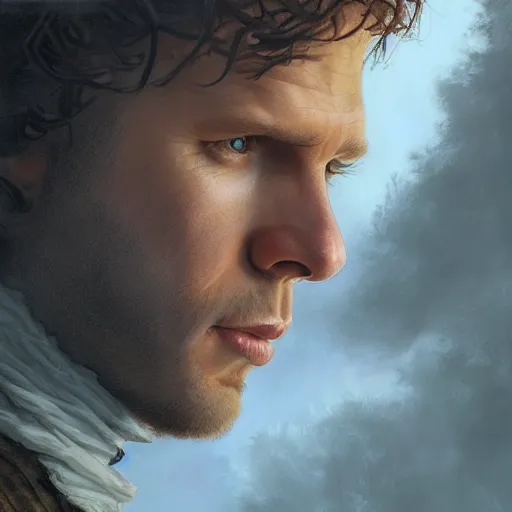 Image similar to Beautiful hyperrealistic detailed matte portrait painting of Jamie Fraser, by andreas rocha and john howe, and Martin Johnson