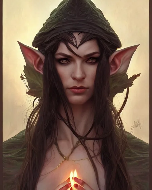 Image similar to portrait of an elven mage, dark, piercing eyes, gentle expression, elegant clothing, photorealistic, highly detailed, artstation, smooth, sharp focus, art by michael whelan, artgerm, greg rutkowski and alphonse mucha