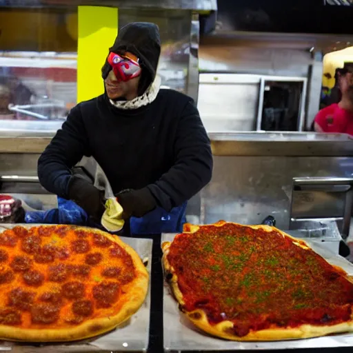 Prompt: Picture from NYTimes new trend in NYC - hot dog vendors selling deep fried pizza