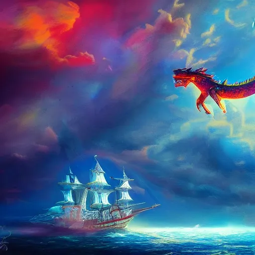 Image similar to majestical ship with a dragon flying above, beautiful composition, wide angle, colorful, cinematic, volumetric lighting, intricate details painting