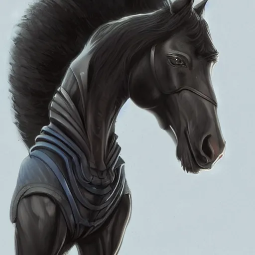 Prompt: an enormously muscular black - coated anthro horse at a research facility wearing skintight body armor, long mane, highly detailed, digital painting, artstation, illustration, art by artgerm, greg rutkowski, wlop