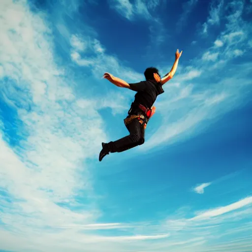 Prompt: a man free falling from the sky, blue sky, wide shot, photorealistic-n 9