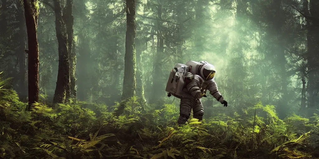 Image similar to american astronaut in the forest, plants environment, wide angle, cinematic lighting, atmospheric, realistic, octane render, highly detailed, color graded, in the style of craig mullins