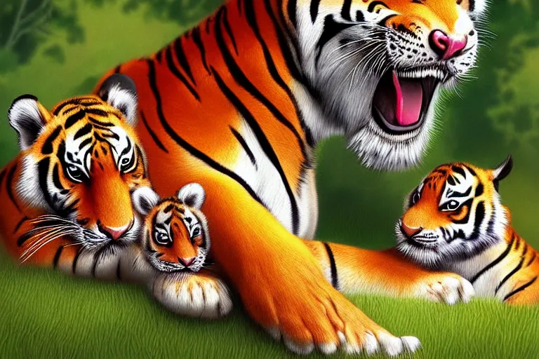 Prompt: beautiful aesthetic digital illustration of a singular female tiger with her of newborn cub by Lisa Parker and Anne Stokes, matte background, deviantArt, artstation, trending on artstation