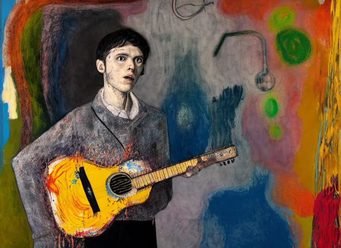 Prompt: portrait of nervous boy with acoustic guitar standing next, vincent lefevre and hernan bas and pat steir and hilma af klint, psychological, photorealistic, dripping paint, washy brush, rendered in octane, altermodern, masterpiece