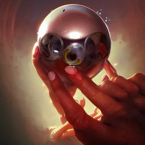 Image similar to transparent goo with a mouth and eyes, it have round burning bomb inside, highly detailed, digital painting, artstation, concept art, matte, sharp focus, illustration, art by Artgerm and Greg Rutkowski and Alphonse Mucha