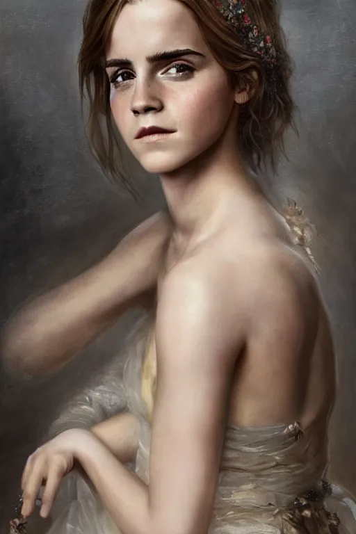 Image similar to Emma Watson as a nymph, full body, oil on canvas, intricate, portrait, 8k highly professionally detailed, HDR, CGsociety