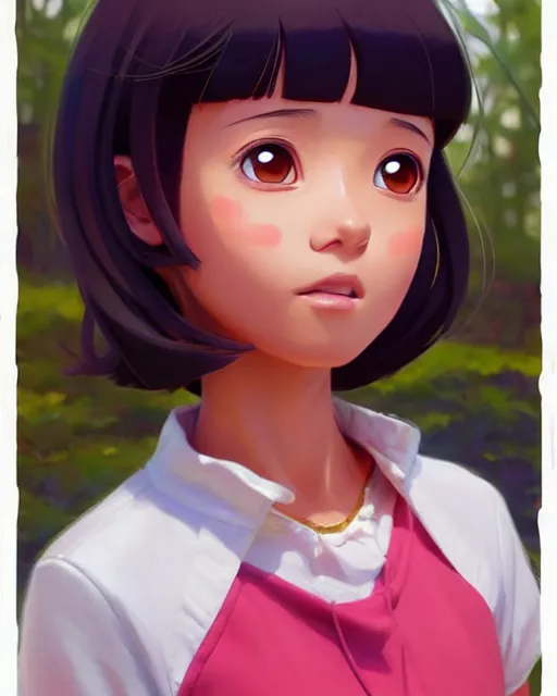 Image similar to real girl dora the explorer wearing her cloth made from leather, fine detail!! anime!! realistic shaded lighting!!, kim hyun joo, digital painting by ilya kuvshinov, magali villeneuve, artgerm, jeremy lipkin and michael garmash and rob rey