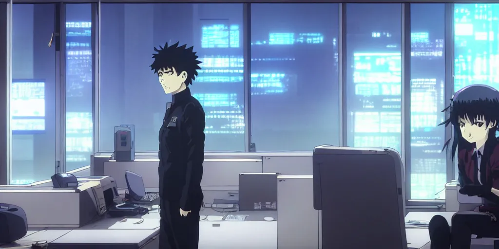 Image similar to an atmospheric empty quiet quiet after hours cyberpunk police office office in the cyberpunk neon noir anime film, Shichiro Kobayashi and makoto shinkai, screenshot in the anime series ergo proxy ergo proxy ergo proxy and Detroit metal city, interior