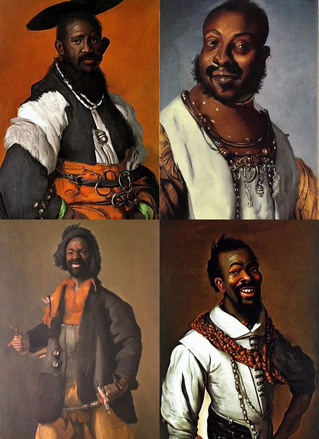 Prompt: Fantasy painting, oil on canvas Dark skin man portrait, loose fantasy clothing, happy, by Frans Hals,