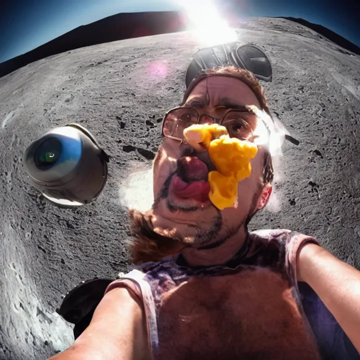 Image similar to robert downey jr eating a hot dog on the moon, dynamic lighting, gopro selfie with a fisheye lens