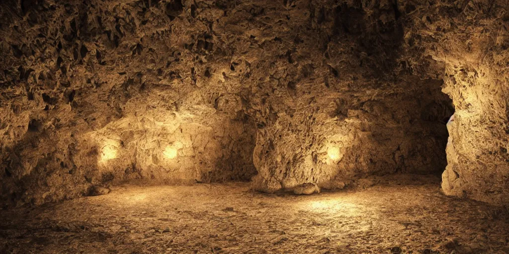 Image similar to ancient cave wall, symmetrical, realistic, detailed, dynamic light