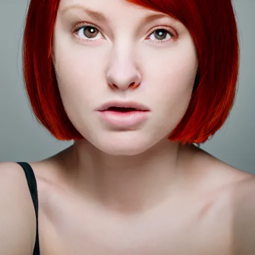 Image similar to portrait of a plain looking young white female model red hair and uneven skintone and a round shaped face