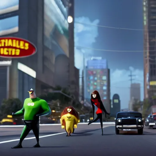 Prompt: film still of mr incredible directing traffic in the the incredibles movie, high detail shot, smoking, render, cgsociety, photorealism