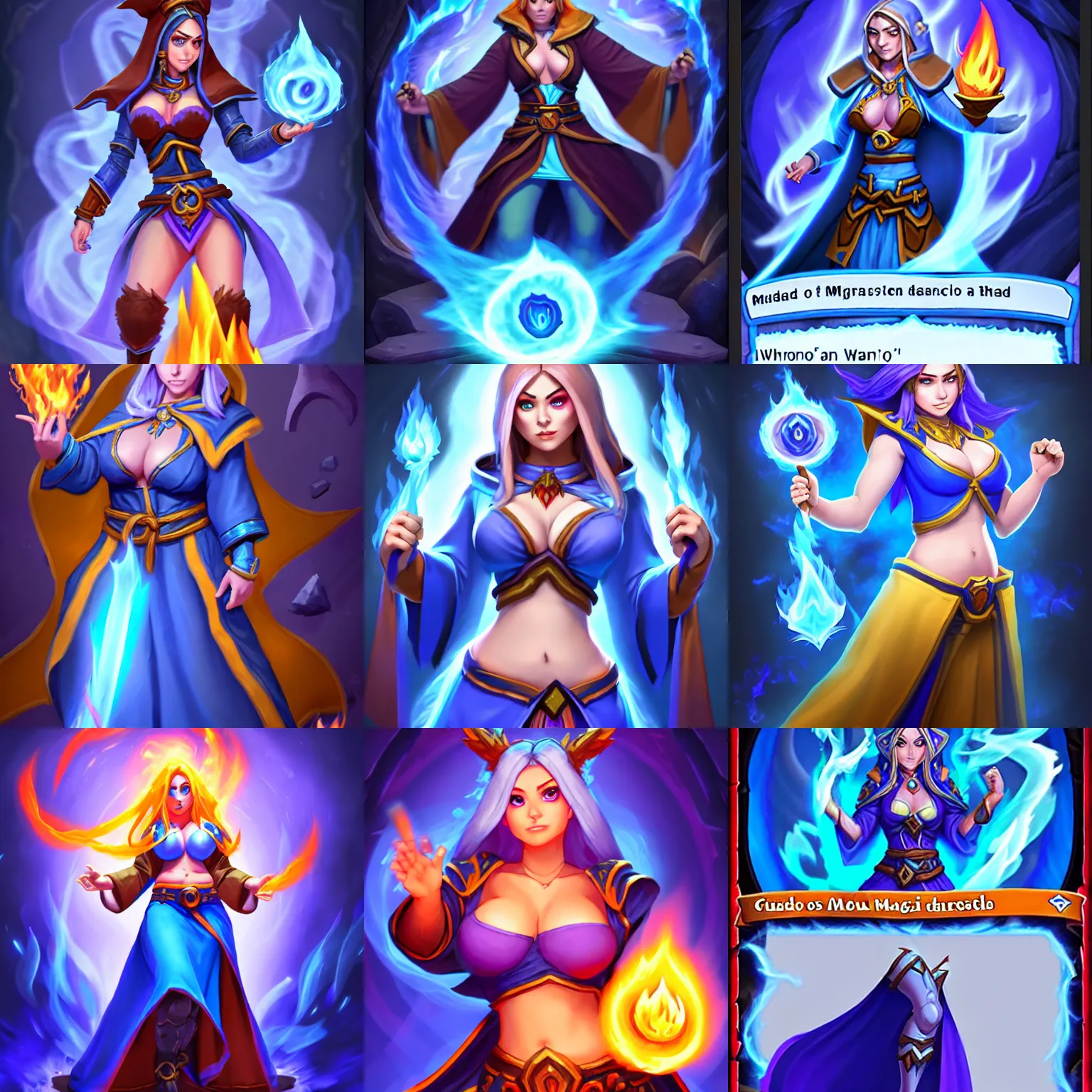 Prompt: Who : a female mage with a blue robe casting a fire spell; Physical : she has tinyest midriff ever, largest haunches ever, fullest body, small head, SFW huge breasts; Mega important : Hearthstone official splash art, SFW, perfect master piece, award winning