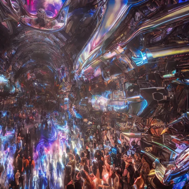 Image similar to cinematic shot epic hall of creativity, walls of large moving images, hyper realistic, mood lighting, fantasy, detailed people creating beautiful diverse large holographic art, highly detailed, super realistic, point of view of cybernetic visor, perfect lighting pixel sorting, style sheet