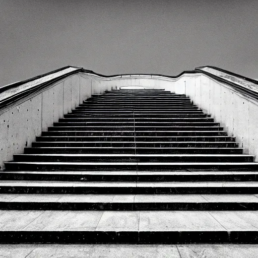 Image similar to black and white surreal photograph, highly detailed vast space made of stairsteps, sideview, detailed textures, natural light, mist, architecture photography, film grain, soft vignette, sigma 1 4 mm f / 1. 4 1 / 1 0 sec shutter, imax 7 0 mm footage