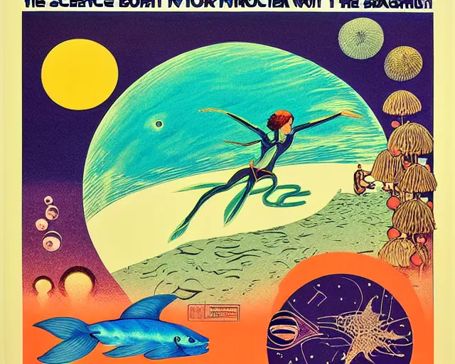 Image similar to 1976 science fiction poster, cut out, nouvelle vague, beach on the outer rim, kabuki theater, tropical sea creatures, aquatic plants, drawings in style of Monty Python Flying Corcus, composition William S Boroughs, written by Neil Gaiman