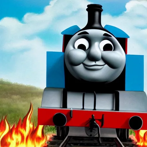Prompt: Thomas the tank engine goes to hell, fire, satan, terrifying, caves, horror, hell, trending on artstation