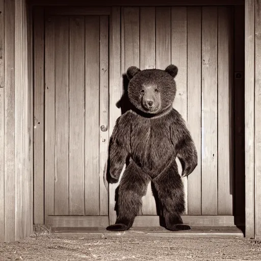 Prompt: dark photograph of a small bear mascot walking through a large wooden doorway