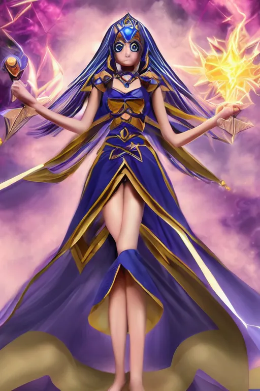 Image similar to dark magician girl from Yu-Gi-Oh, full body, mystical, ultra detailed, 4k digital art, 8k ,character ,realistic, portrait, hyperrealistic